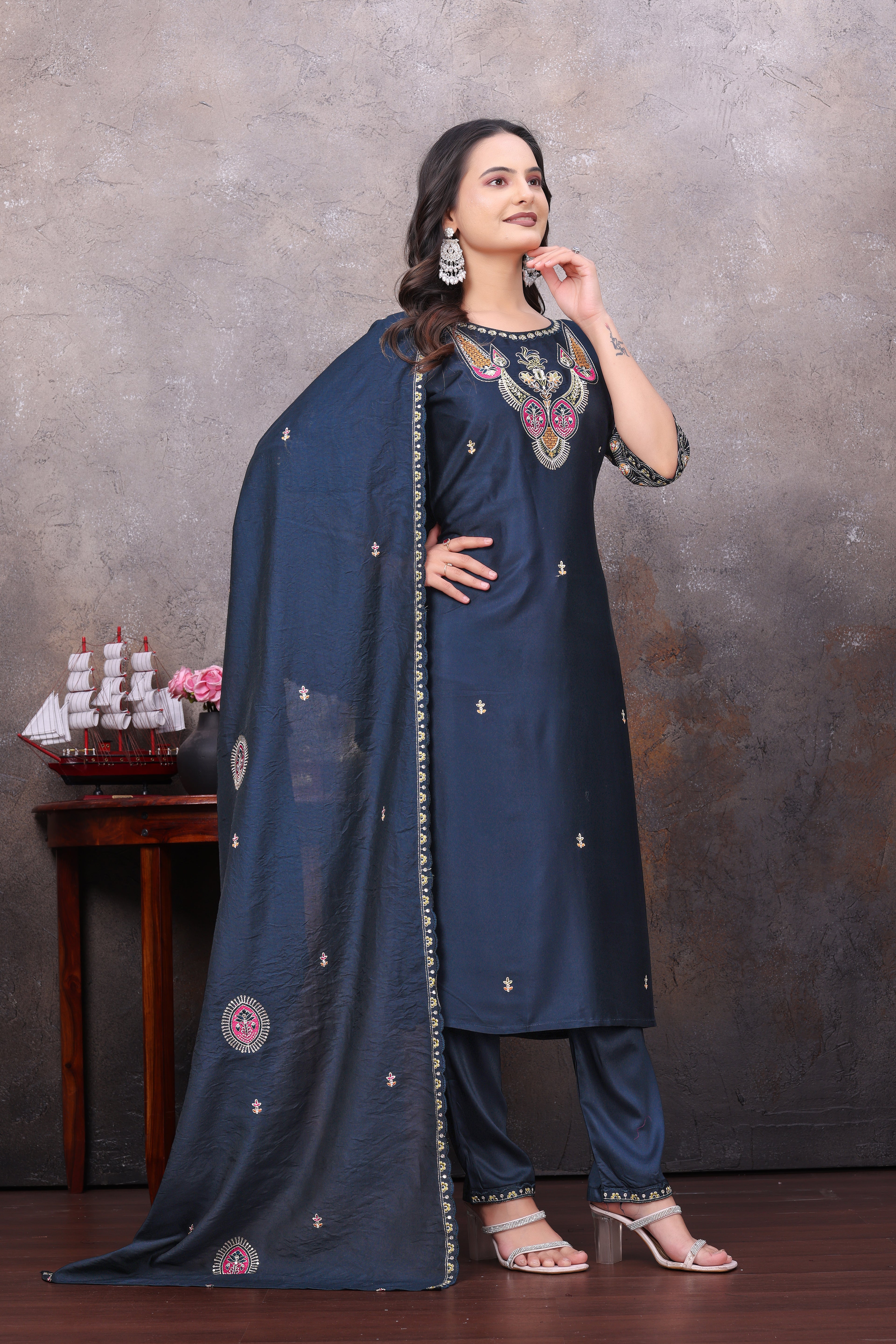 Elegant Navy Blue Silk Salwar Suit Set with Embroidered Dupatta