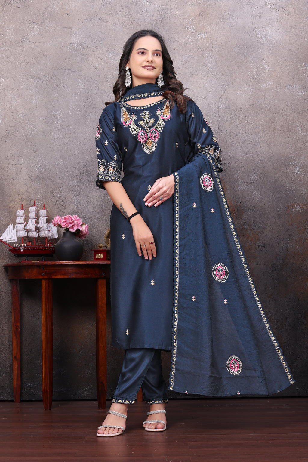 Elegant Navy Blue Silk Salwar Suit Set with Embroidered Dupatta