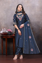 Elegant Navy Blue Silk Salwar Suit Set with Embroidered Dupatta