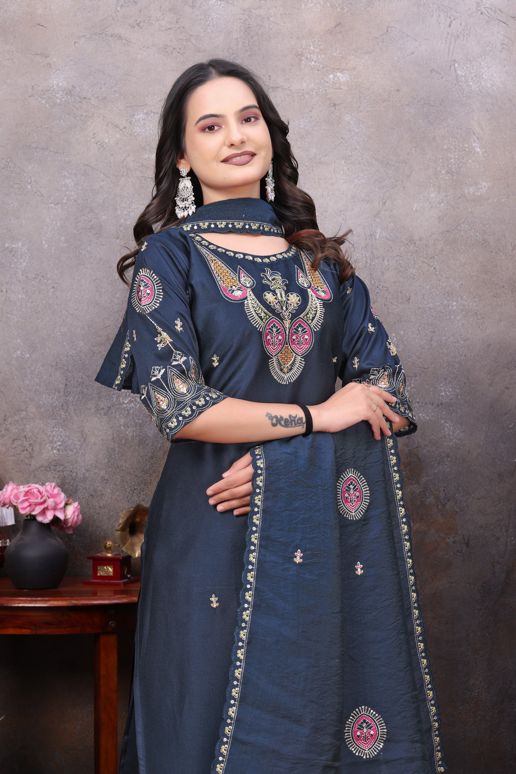 Elegant Navy Blue Silk Salwar Suit Set with Embroidered Dupatta