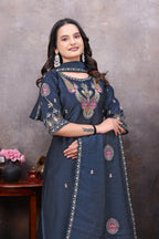Elegant Navy Blue Silk Salwar Suit Set with Embroidered Dupatta