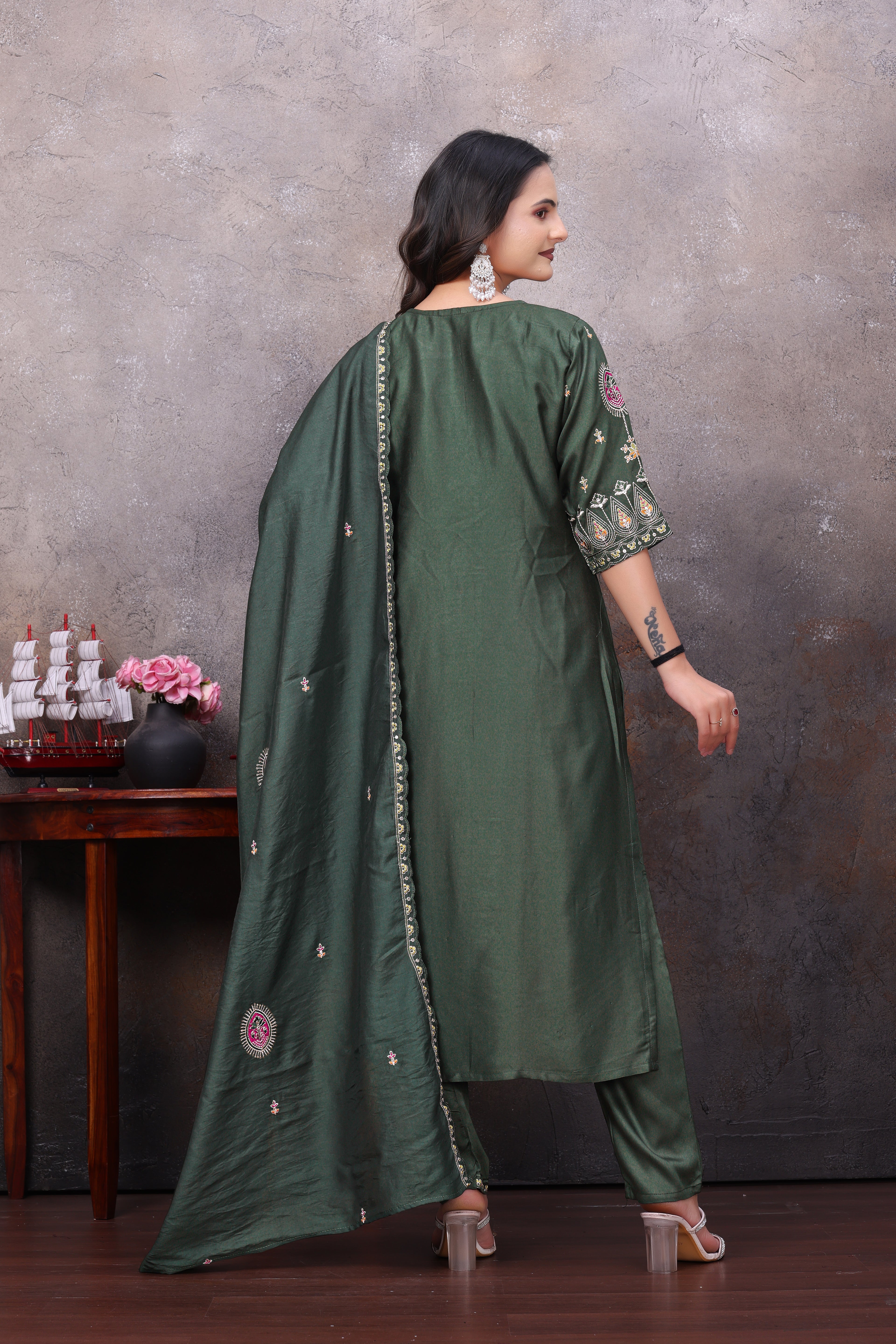 Elegant Rama Green Silk Salwar Suit Set with Embroidered Neckline