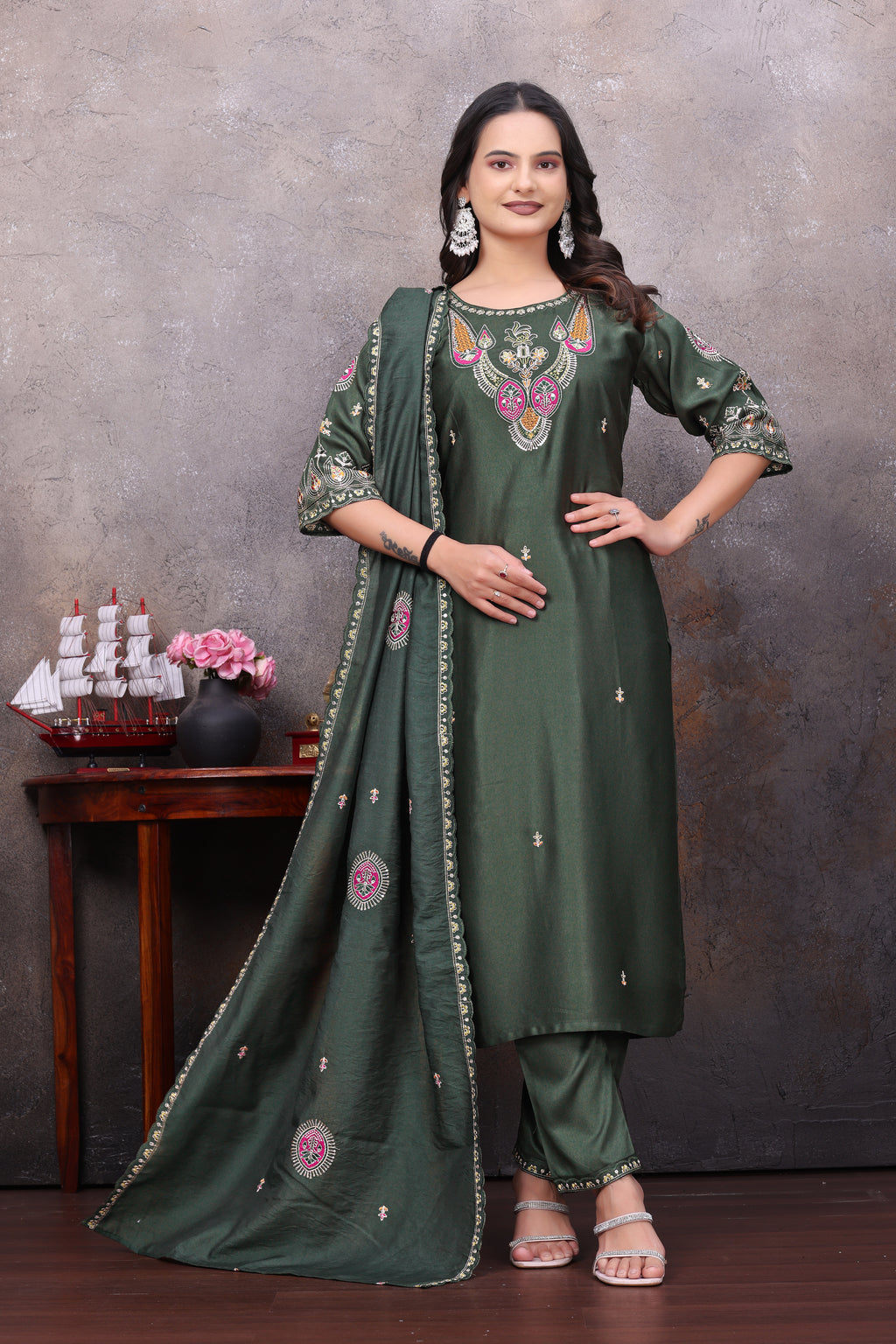 Elegant Rama Green Silk Salwar Suit Set with Embroidered Neckline