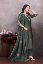 Elegant Rama Green Silk Salwar Suit Set with Embroidered Neckline