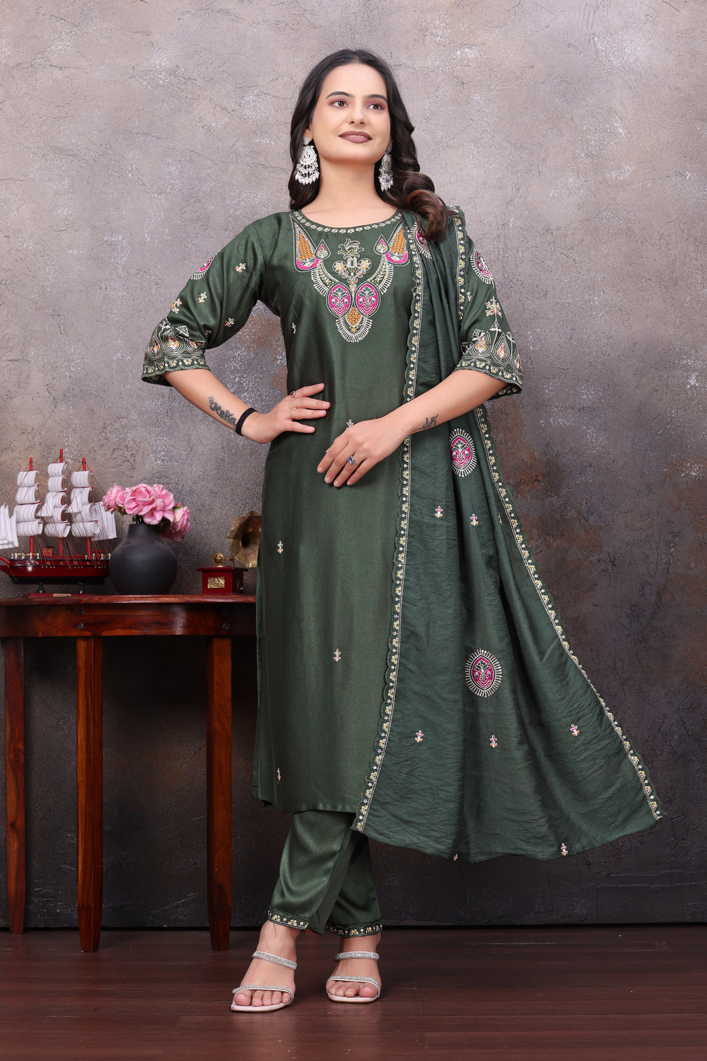 Elegant Rama Green Silk Salwar Suit Set with Embroidered Neckline