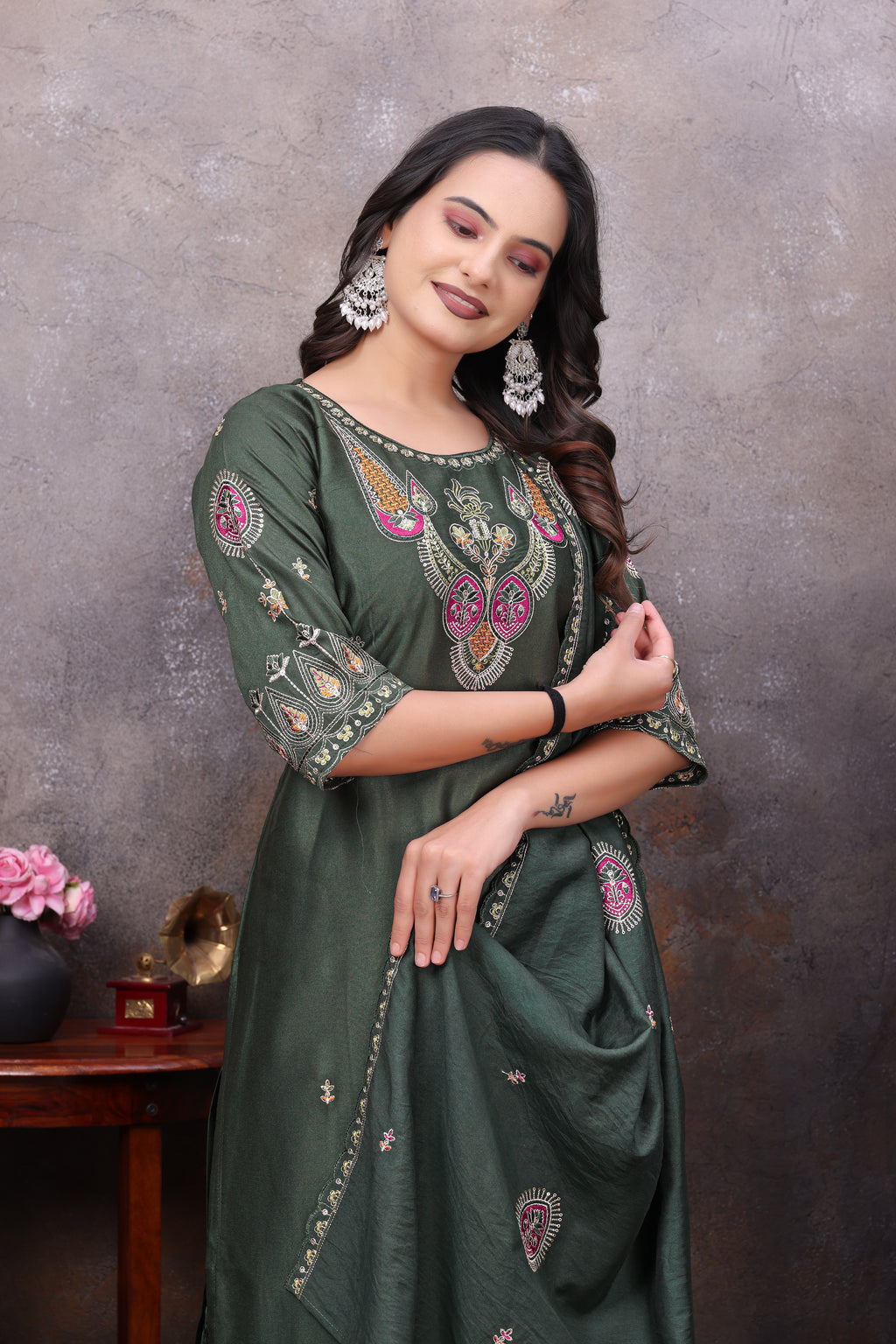 Elegant Rama Green Silk Salwar Suit Set with Embroidered Neckline