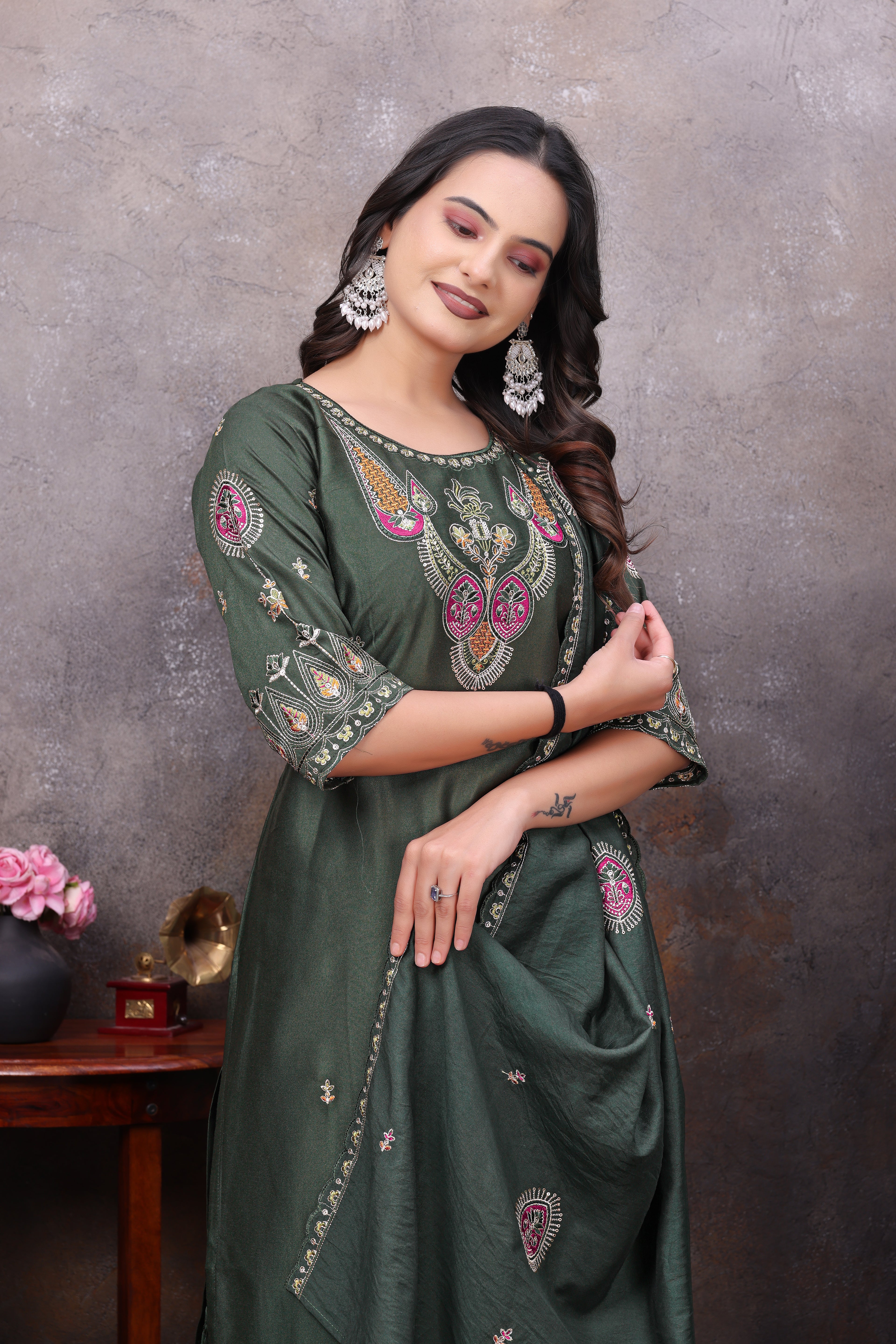 Elegant Rama Green Silk Salwar Suit Set with Embroidered Neckline