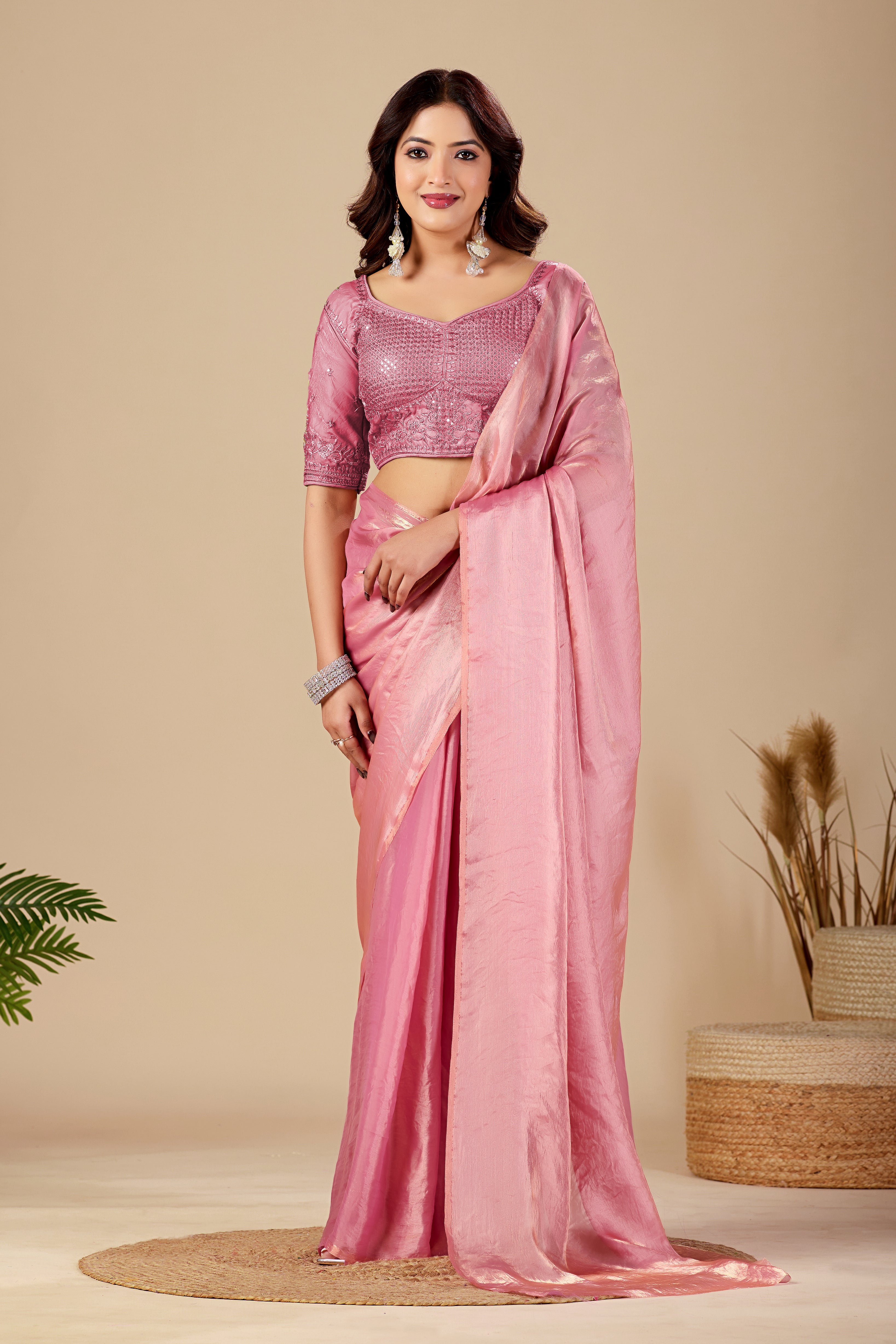 Peach Pink Tissue Silk Saree with Sequins Embroidered Blouse | Wedding & Party Wear Saree for Women | Go Rasiya