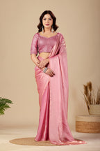 Peach Pink Tissue Silk Saree with Sequins Embroidered Blouse | Wedding & Party Wear Saree for Women | Go Rasiya