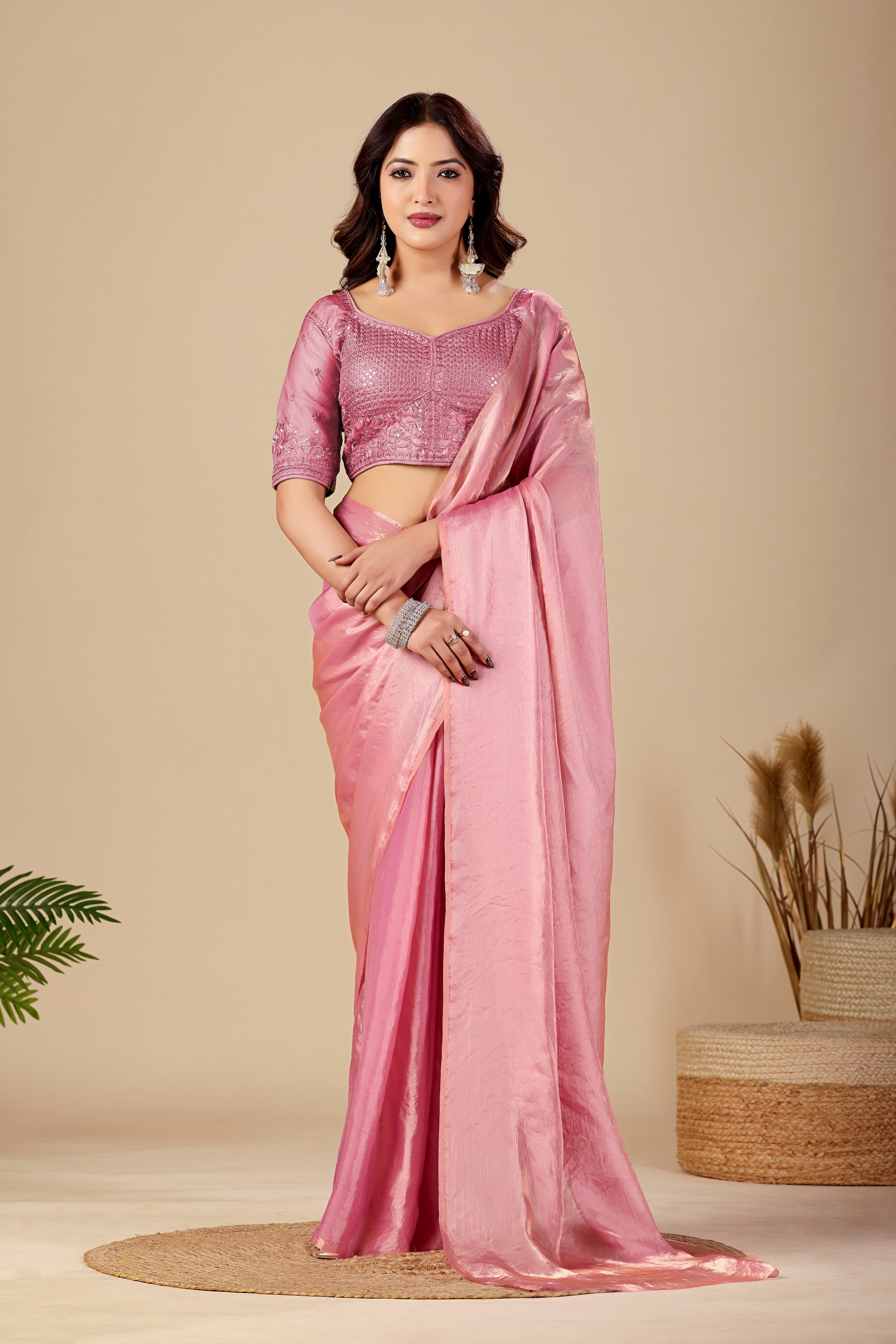 Luminous Pink Tissue Silk Saree with Sequins Embroidered Blouse