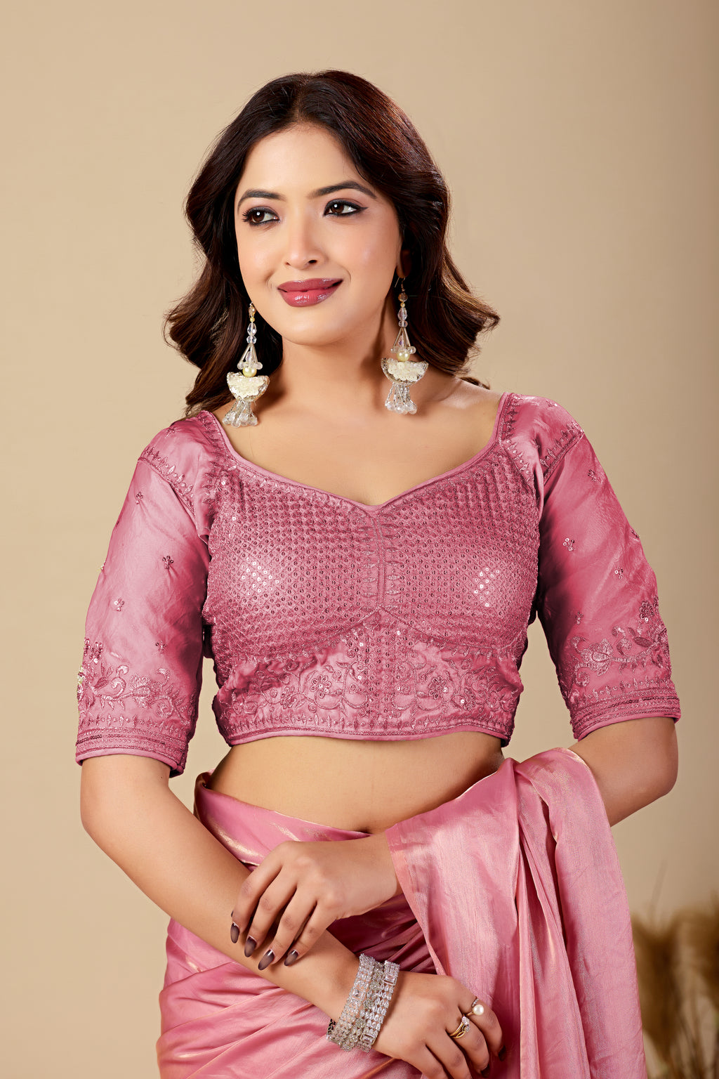 Luminous Pink Tissue Silk Saree with Sequins Embroidered Blouse