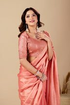 Shimmering Peach Tissue Silk Saree with Sequins Embroidered Blouse
