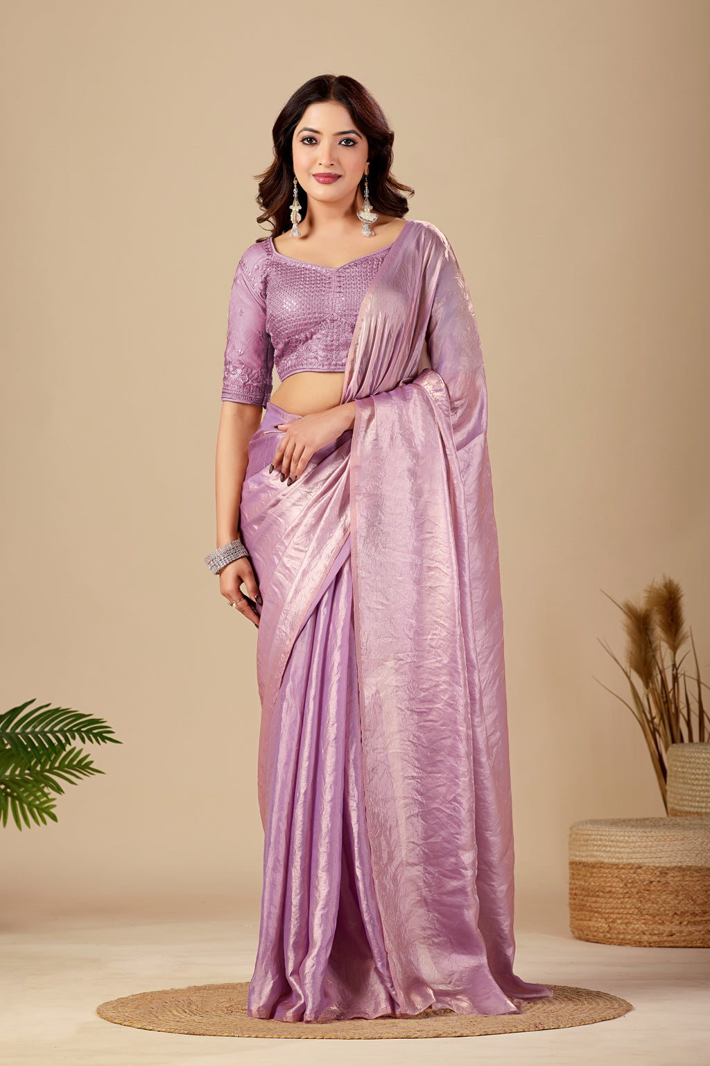 Metallic Lavender Tissue Silk Saree with Sequins Embroidered Blouse