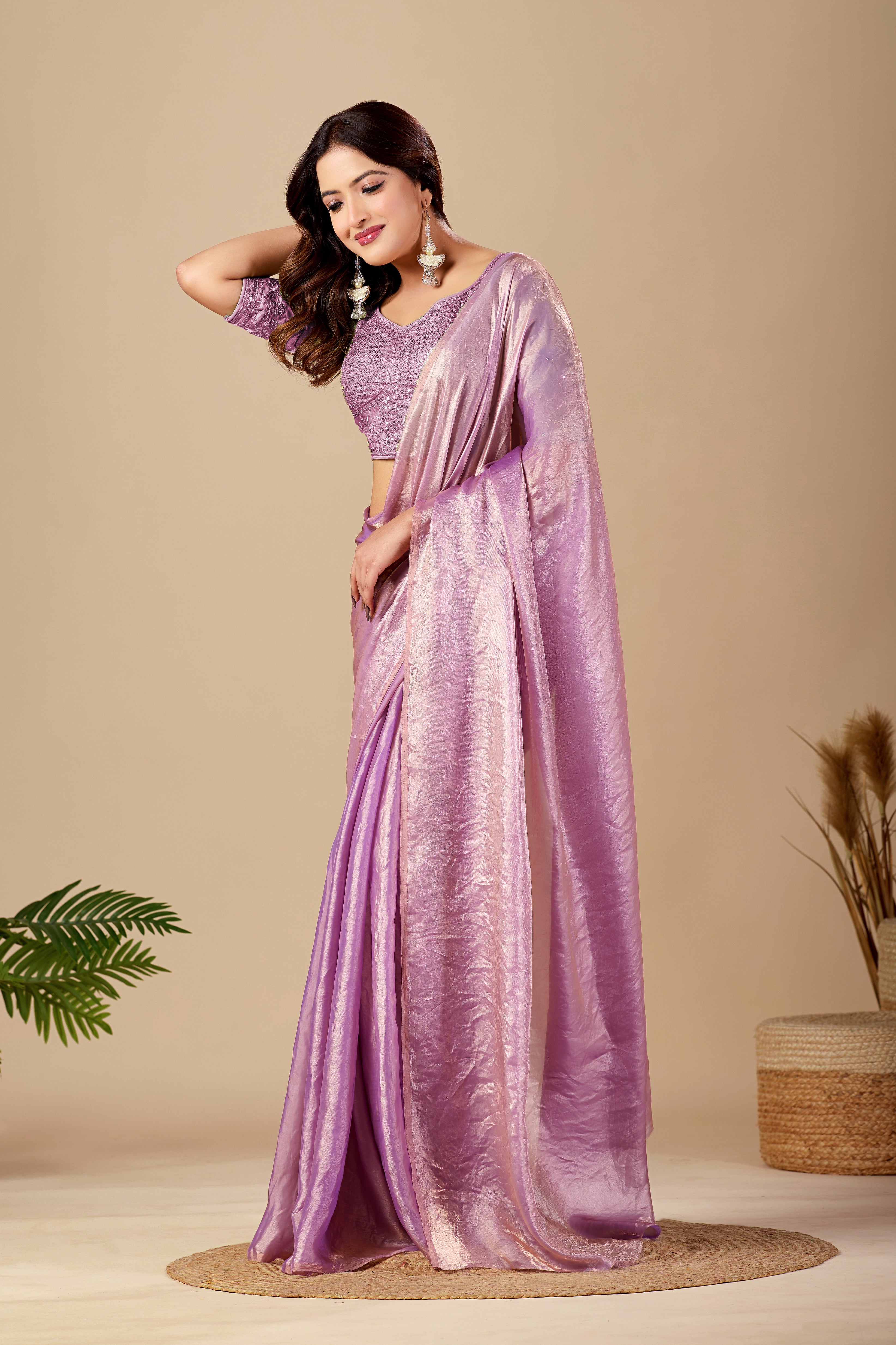Metallic Lavender Tissue Silk Saree with Sequins Embroidered Blouse