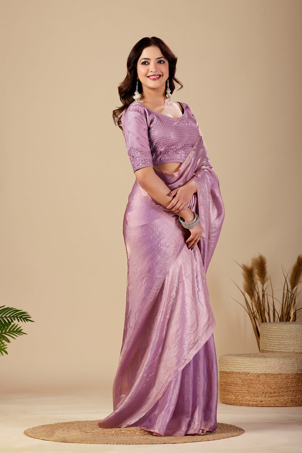 Metallic Lavender Tissue Silk Saree with Sequins Embroidered Blouse