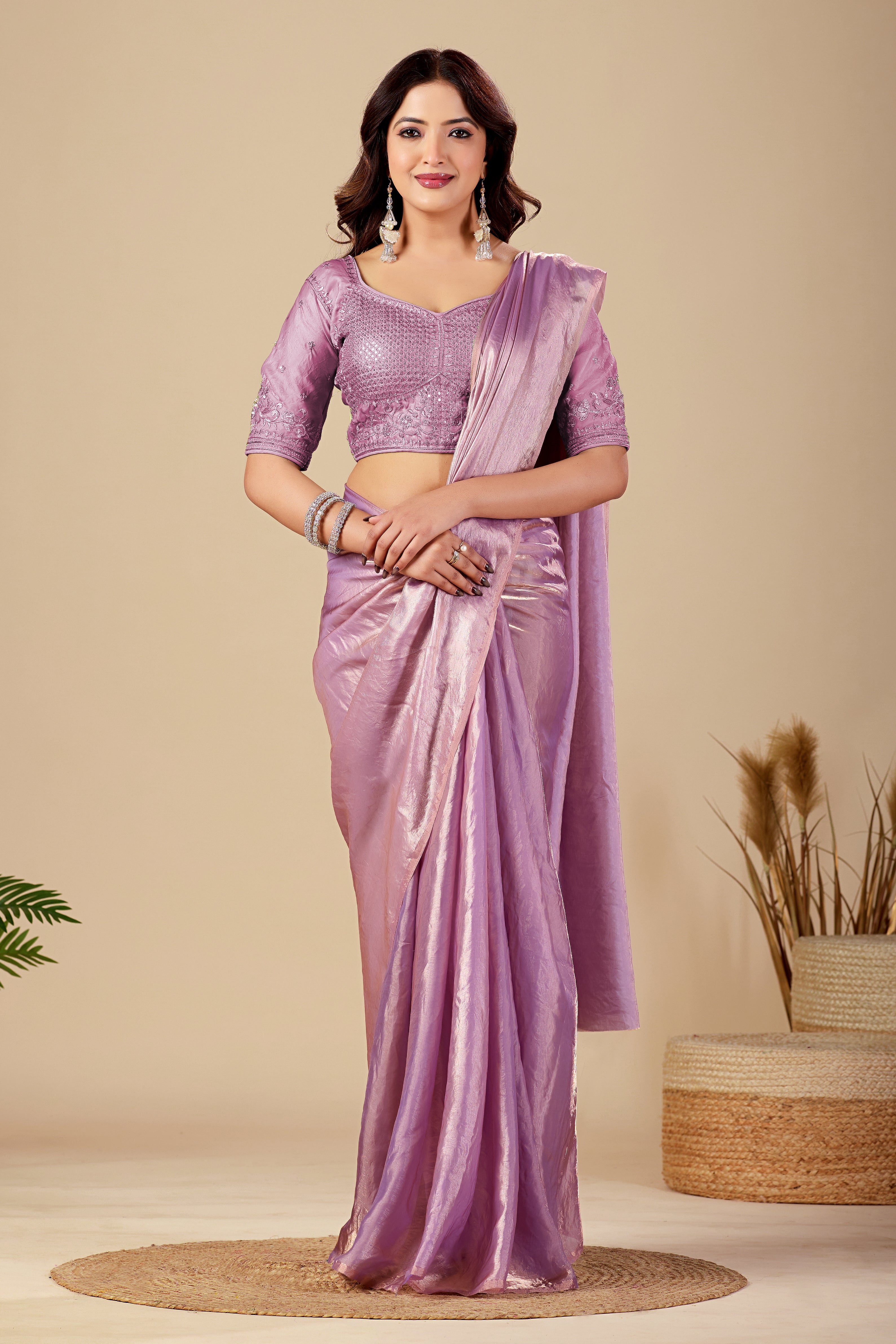 Metallic Lavender Tissue Silk Saree with Sequins Embroidered Blouse