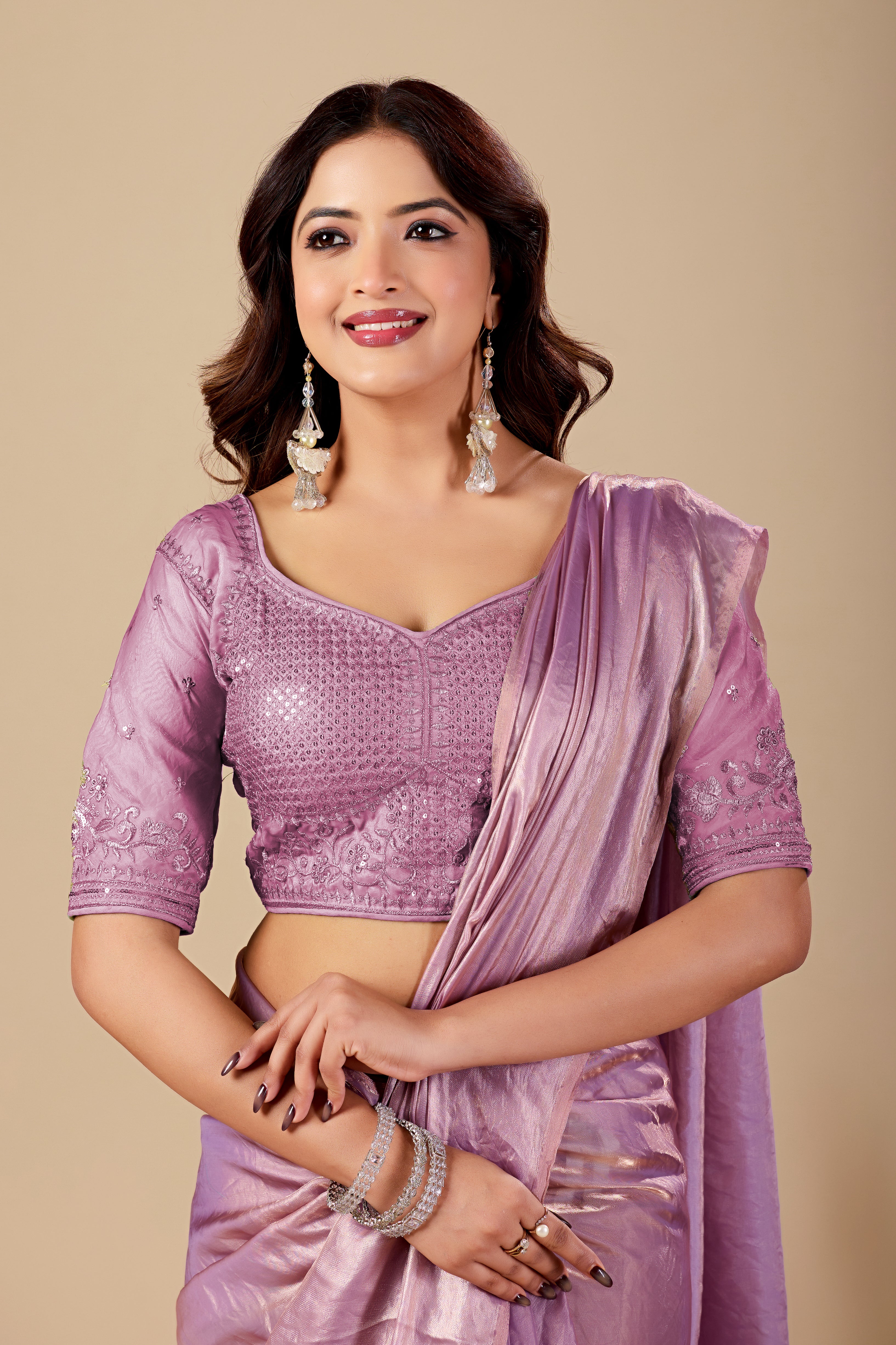 Metallic Lavender Tissue Silk Saree with Sequins Embroidered Blouse