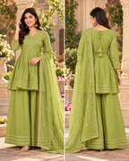 Premium Pista Green Soft Crunchy Silk Embroidered Kurta Palazzo Set with Dupatta for Women