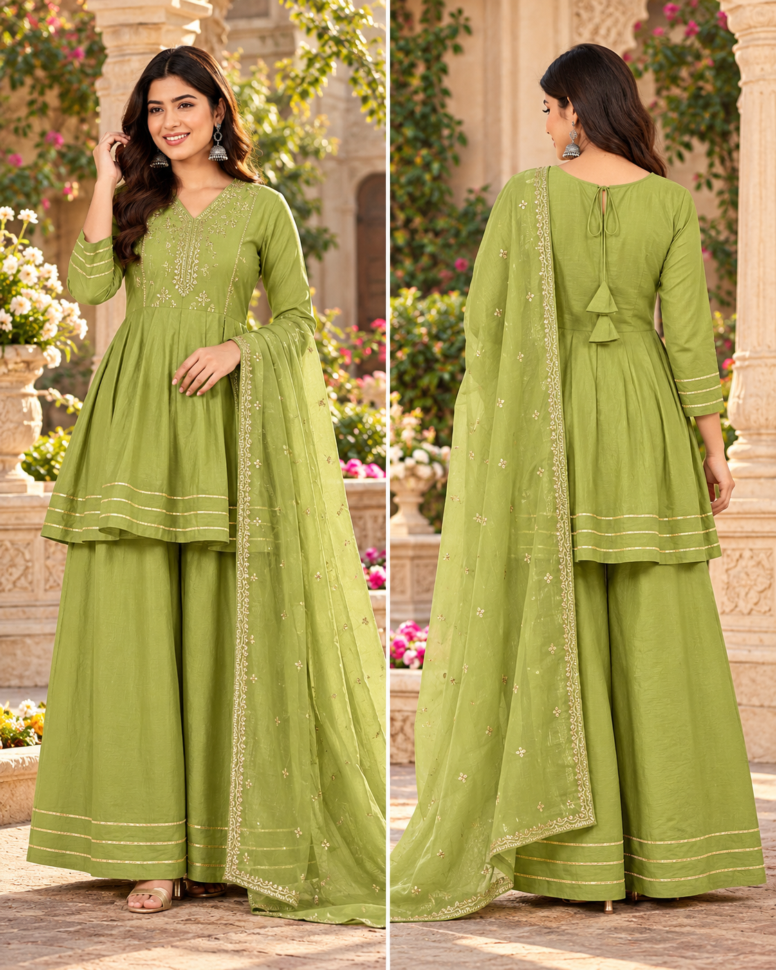 Premium Pista Green Soft Crunchy Silk Embroidered Kurta Palazzo Set with Dupatta for Women