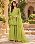 Premium Pista Green Soft Crunchy Silk Embroidered Kurta Palazzo Set with Dupatta for Women