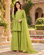 Premium Pista Green Soft Crunchy Silk Embroidered Kurta Palazzo Set with Dupatta for Women