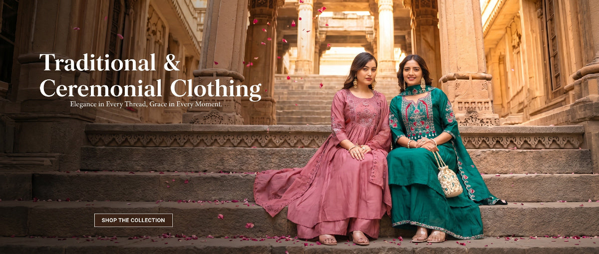 Two women in traditional clothing sitting on steps with text about traditional and ceremonial clothing.