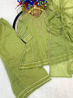 Premium Pista Green Soft Crunchy Silk Embroidered Kurta Palazzo Set with Dupatta for Women