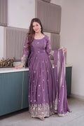 Premium Purple Heavy Diamond Silk Embroidered Gown with Sequins Work & Matching Dupatta for Women
