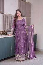 Premium Purple Heavy Diamond Silk Embroidered Gown with Sequins Work & Matching Dupatta for Women