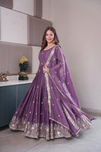 Premium Purple Heavy Diamond Silk Embroidered Gown with Sequins Work & Matching Dupatta for Women