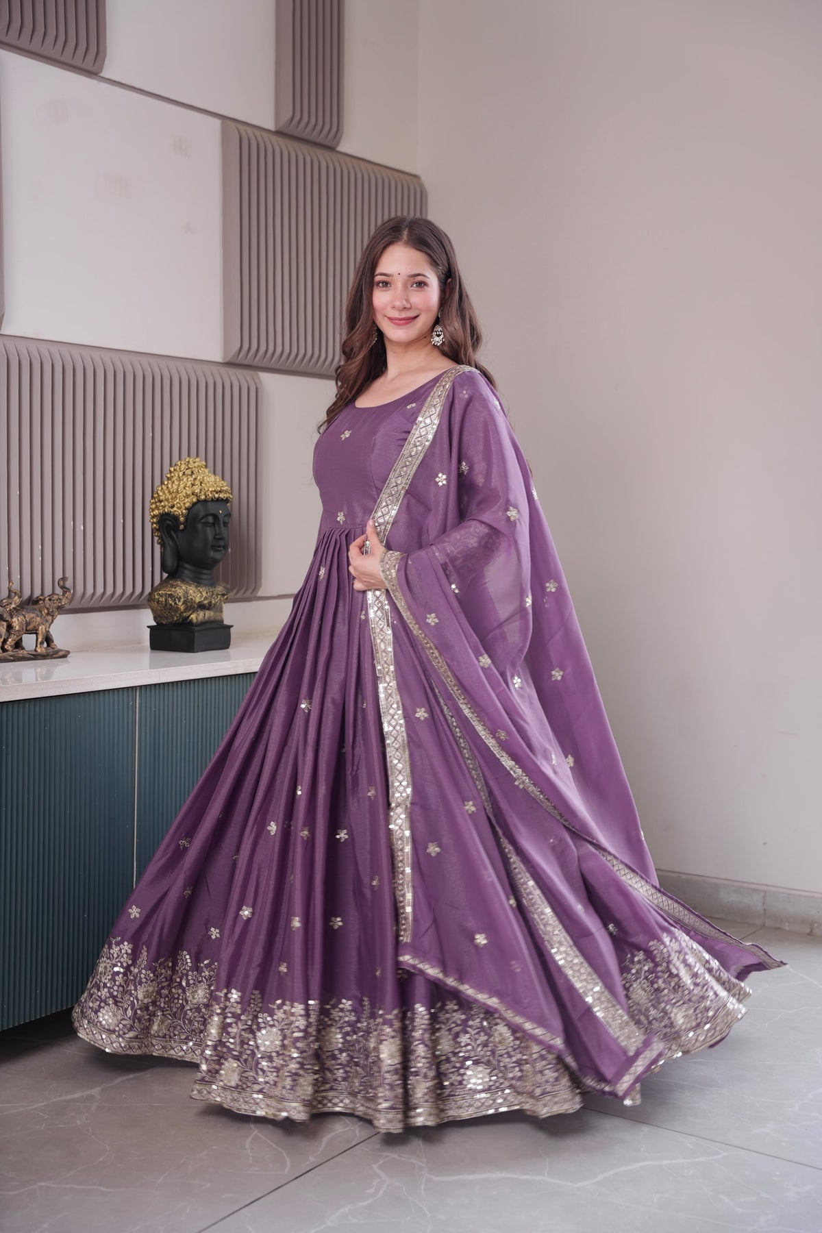 Premium Purple Heavy Diamond Silk Embroidered Gown with Sequins Work & Matching Dupatta for Women