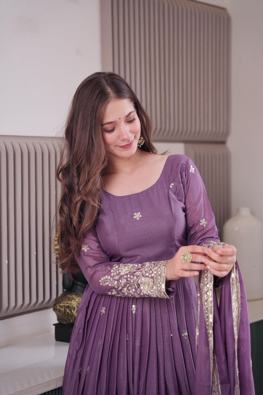 Premium Purple Heavy Diamond Silk Embroidered Gown with Sequins Work & Matching Dupatta for Women