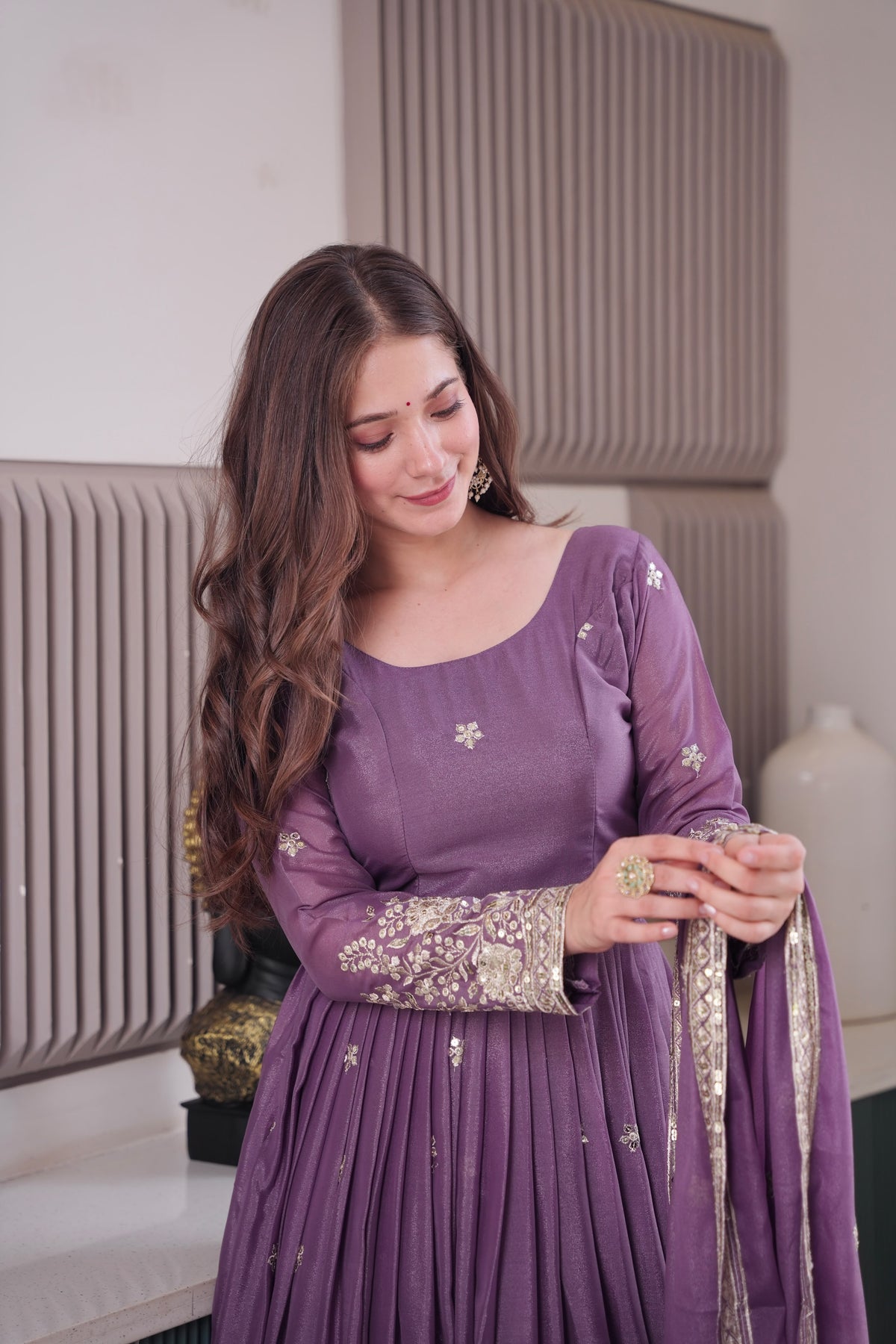 Premium Purple Heavy Diamond Silk Embroidered Gown with Sequins Work & Matching Dupatta for Women