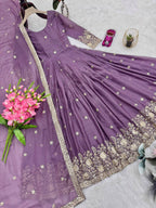 Premium Purple Heavy Diamond Silk Embroidered Gown with Sequins Work & Matching Dupatta for Women