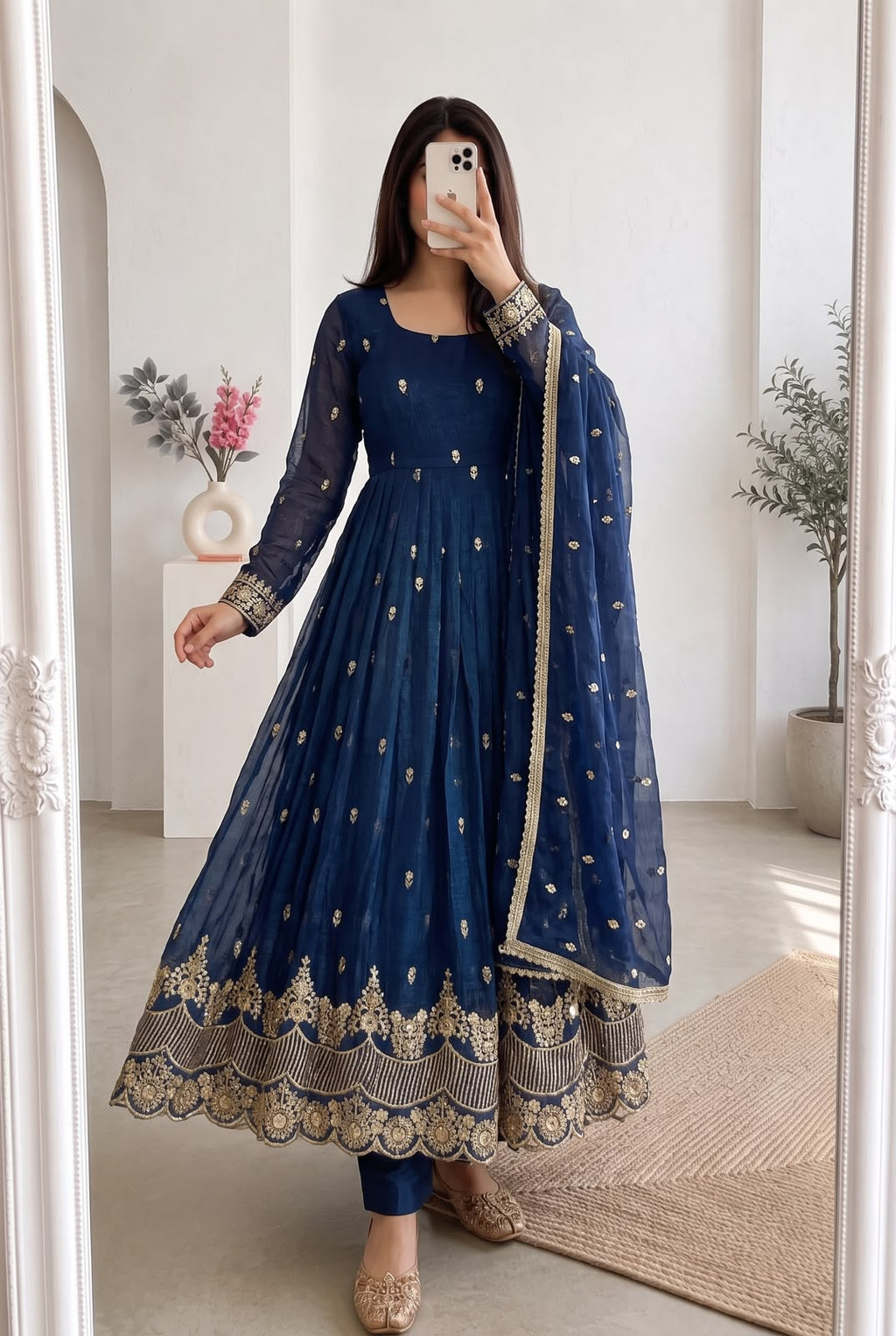 Premium Navy Blue Heavy Crunchy Silk Embroidered Gown with Pant & Matching Dupatta for Women