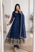 Premium Navy Blue Heavy Crunchy Silk Embroidered Gown with Pant & Matching Dupatta for Women