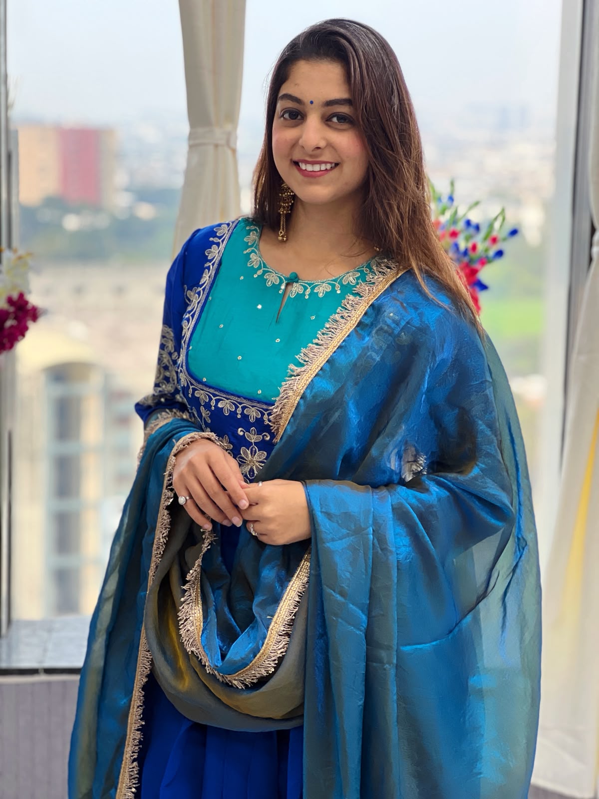 Royal Blue Mull Chanderi Embroidered Anarkali Suit Set with Pant & Fendy Silk Dupatta for Women
