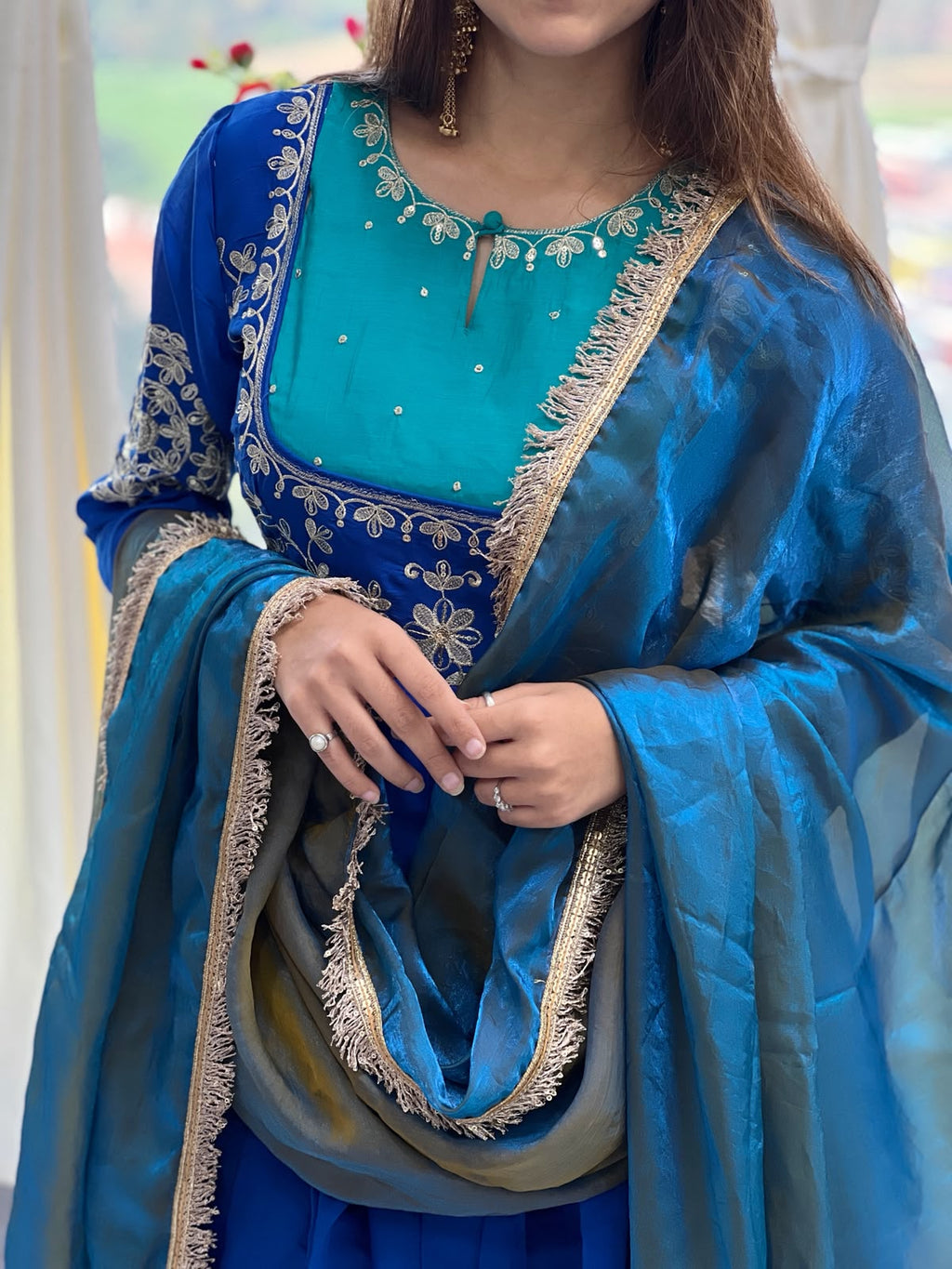 Royal Blue Mull Chanderi Embroidered Anarkali Suit Set with Pant & Fendy Silk Dupatta for Women