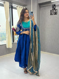 Royal Blue Mull Chanderi Embroidered Anarkali Suit Set with Pant & Fendy Silk Dupatta for Women
