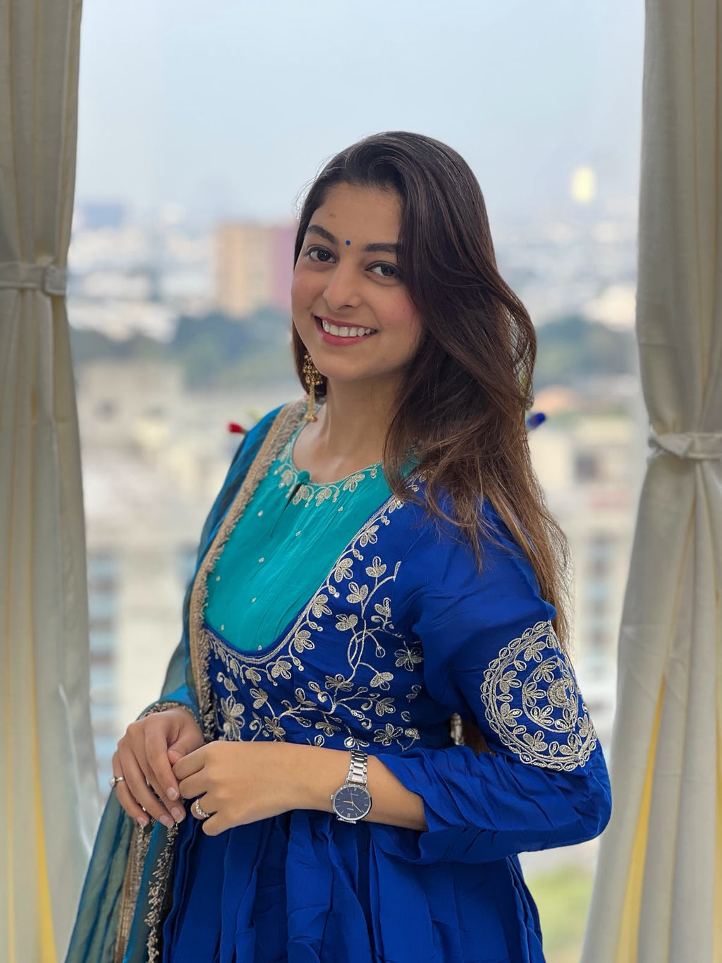 Royal Blue Mull Chanderi Embroidered Anarkali Suit Set with Pant & Fendy Silk Dupatta for Women