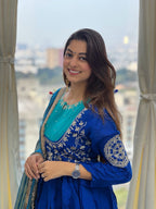 Royal Blue Mull Chanderi Embroidered Anarkali Suit Set with Pant & Fendy Silk Dupatta for Women