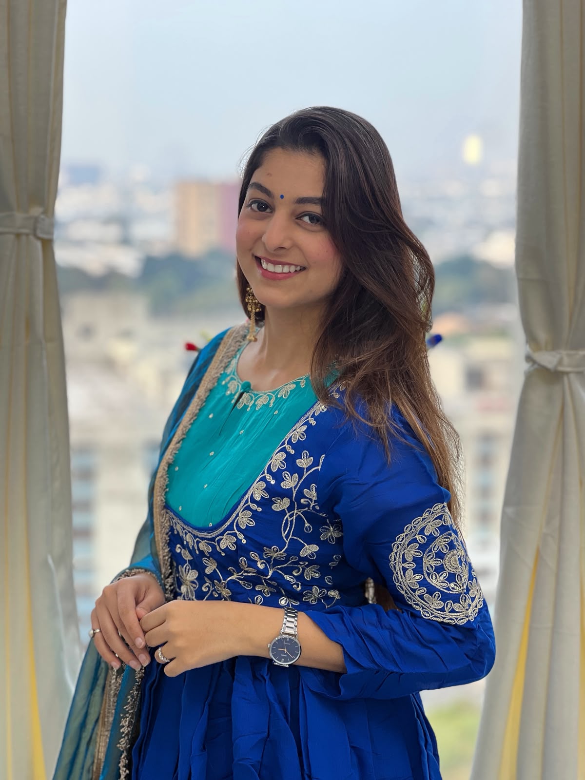Royal Blue Mull Chanderi Embroidered Anarkali Suit Set with Pant & Fendy Silk Dupatta for Women