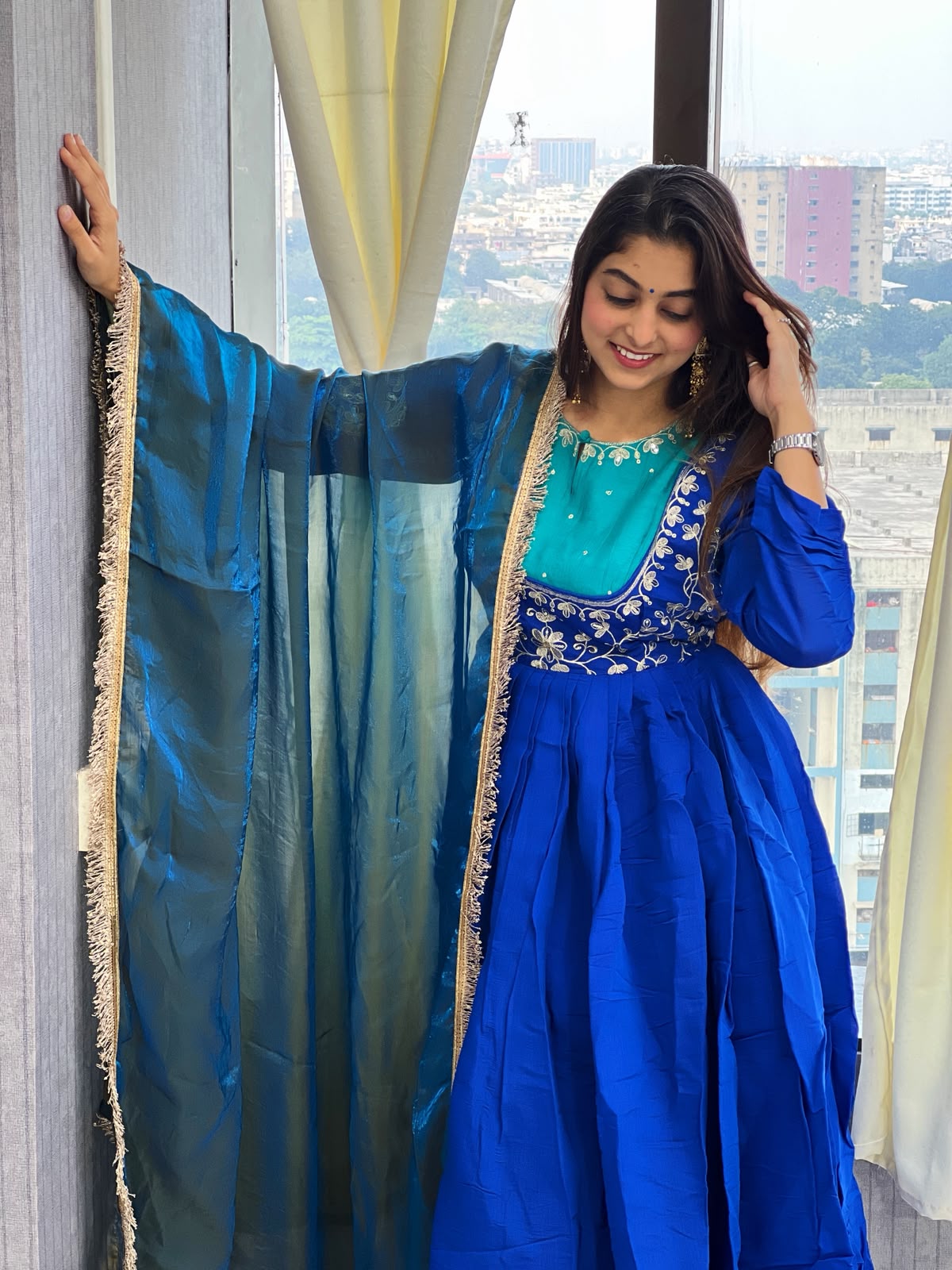 Royal Blue Mull Chanderi Embroidered Anarkali Suit Set with Pant & Fendy Silk Dupatta for Women