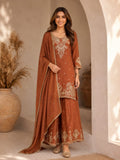 Premium Rangoli Crush Embroidered Kurta Palazzo Set with Dupatta – Rust Brown & Wine Purple