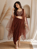 Premium Roman Silk Embroidered Crop Top & Skirt Set with Net Dupatta – Rust Brown & Teal Blue