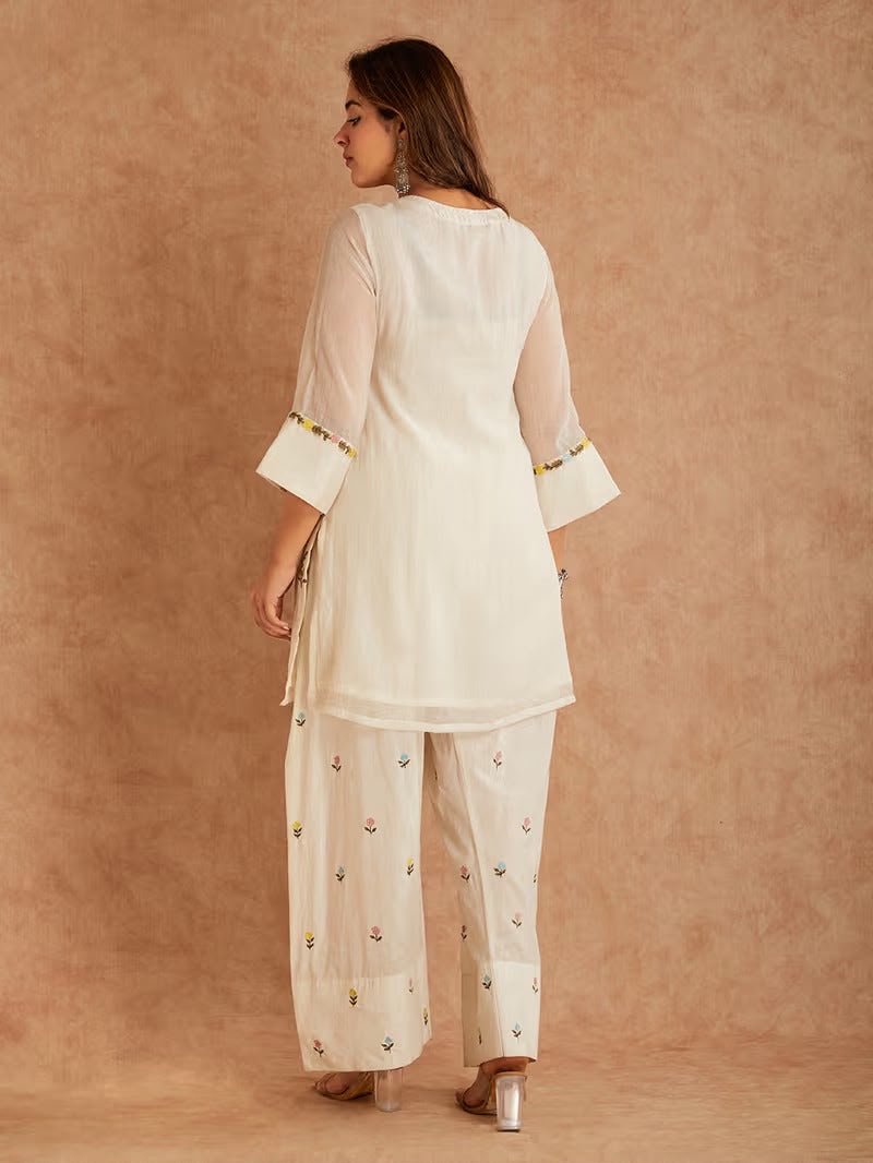 Premium Cream Mull Chanderi Embroidered Kurta Farshi Salwar Set with Printed Dupatta for Women