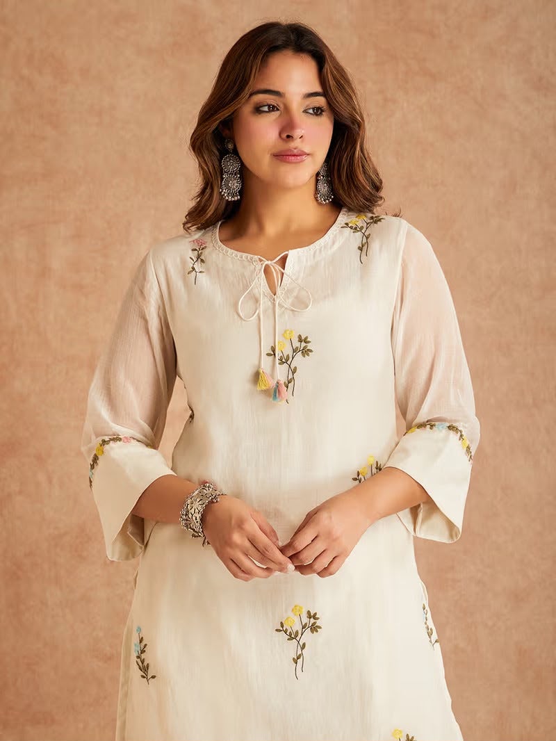 Premium Cream Mull Chanderi Embroidered Kurta Farshi Salwar Set with Printed Dupatta for Women