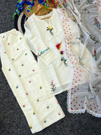 Premium Cream Mull Chanderi Embroidered Kurta Farshi Salwar Set with Printed Dupatta for Women