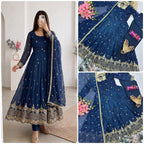 Premium Navy Blue Heavy Crunchy Silk Embroidered Gown with Pant & Matching Dupatta for Women