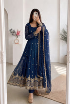 Premium Navy Blue Heavy Crunchy Silk Embroidered Gown with Pant & Matching Dupatta for Women